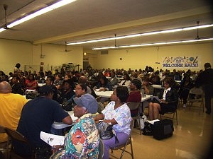 Safety meeting 1: St. Edmonds Parrish Hall packed with concerned citizens of the 20th Ward during a safety meeting