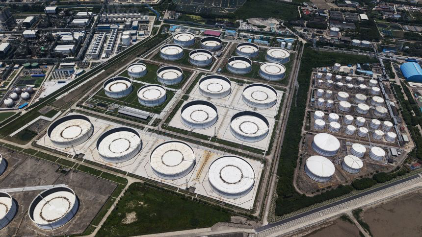 Oil storage tanks at a petrochemical production base on the outskirts of Shanghai, China, on June 28, 2025. China buys around 90% of Iran's oil exports of roughly 1.7 million barrels a day.