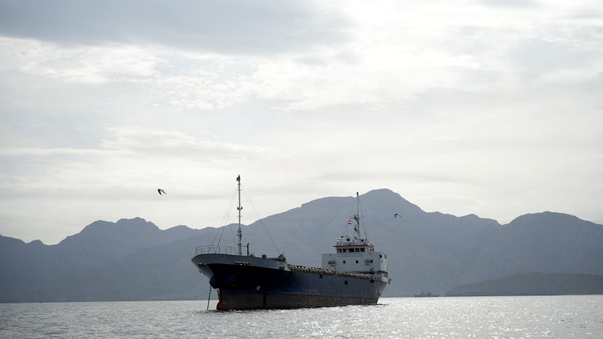 A vessel at the Strait of Hormuz, off the coast of Oman’s Musandam province, April 12, 2026.